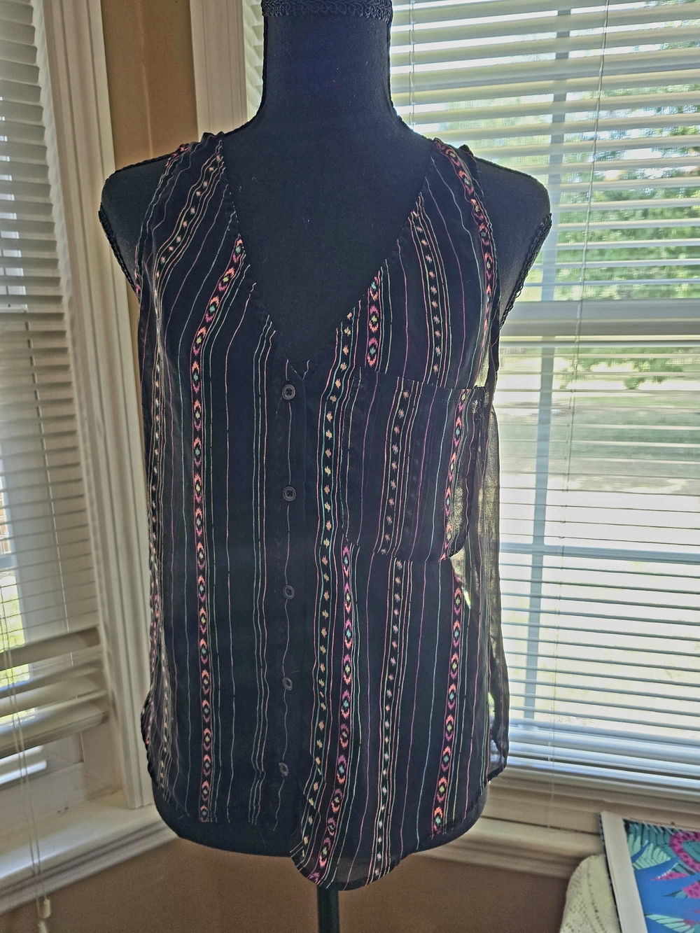 Forever 21 Black Button-Front Tank with Pink and Cream Stripes